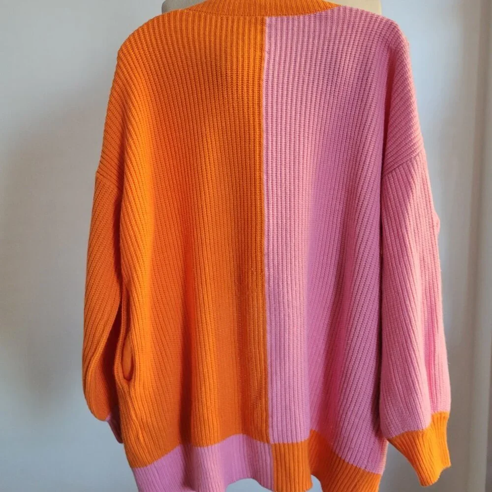 Women’s Color Matching Casual Loose Long-sleeved Knitted Cardigan (Size: L)